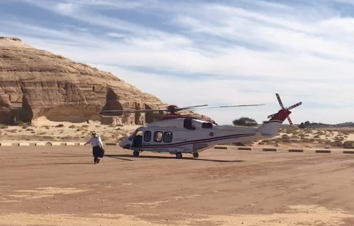 Helicopter arrival logistics in the AlUla landscape