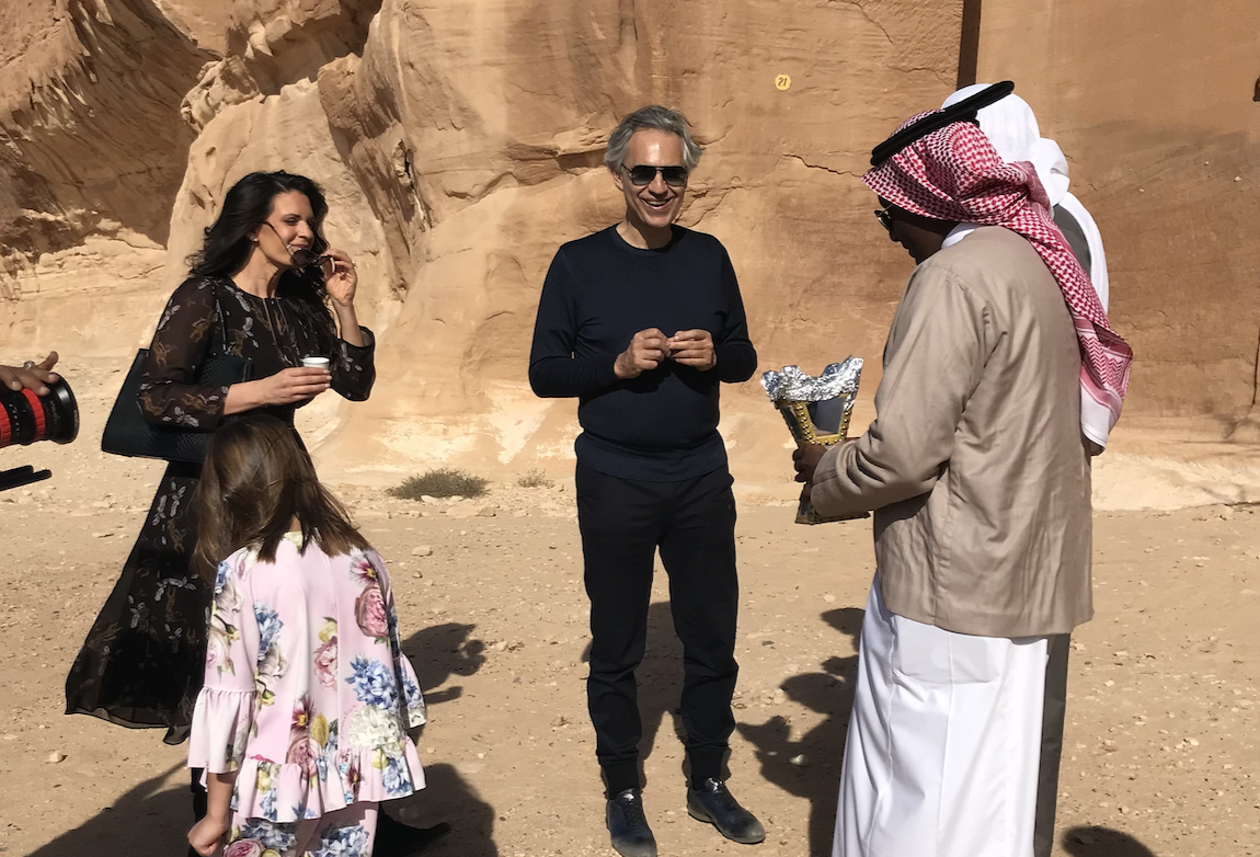 Andrea Bocelli being welcomed during an AlUla site visit