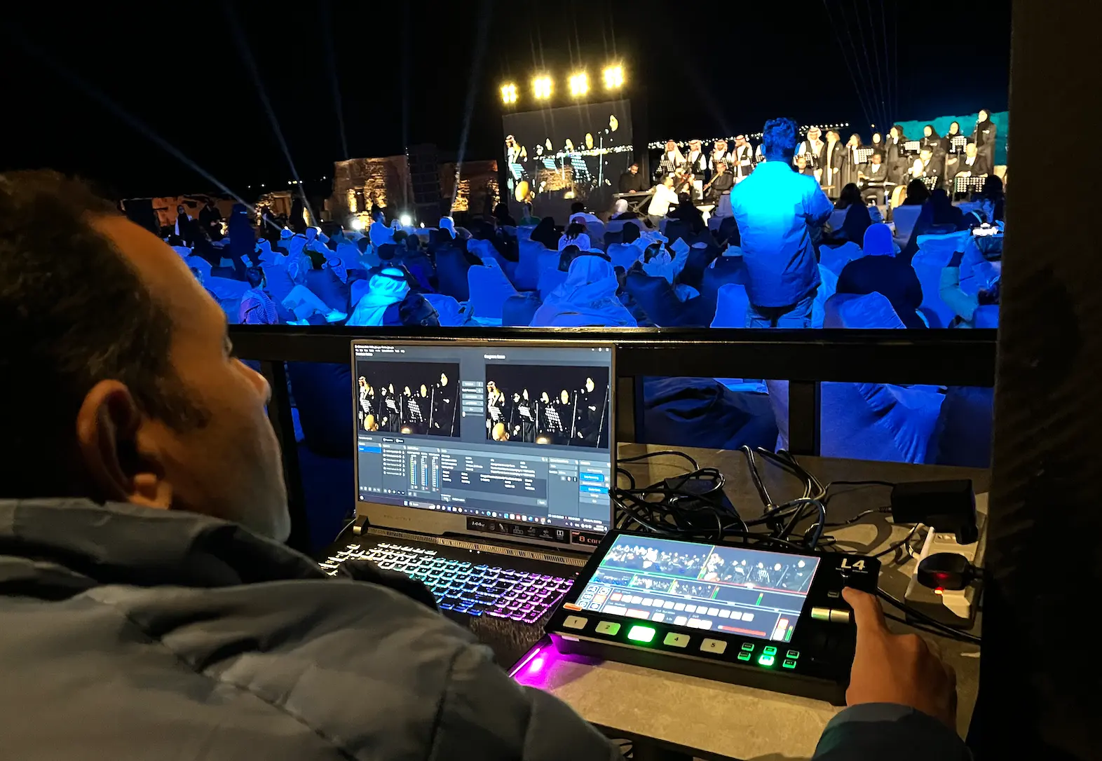 Live video production position overlooking the Sounds of Khaybar performance