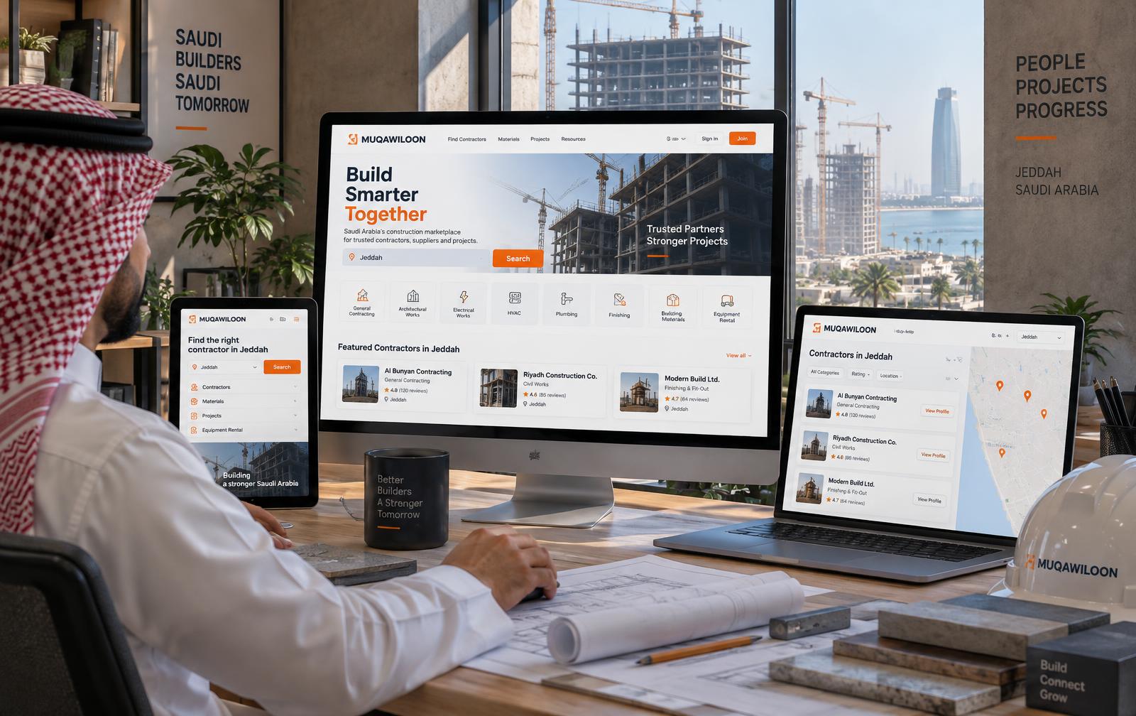Saudi engineer using the Muqawiloon construction marketplace across desktop, laptop and tablet