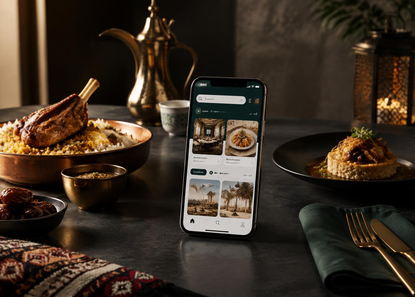 Restaurant discovery interface presented beside Saudi dishes